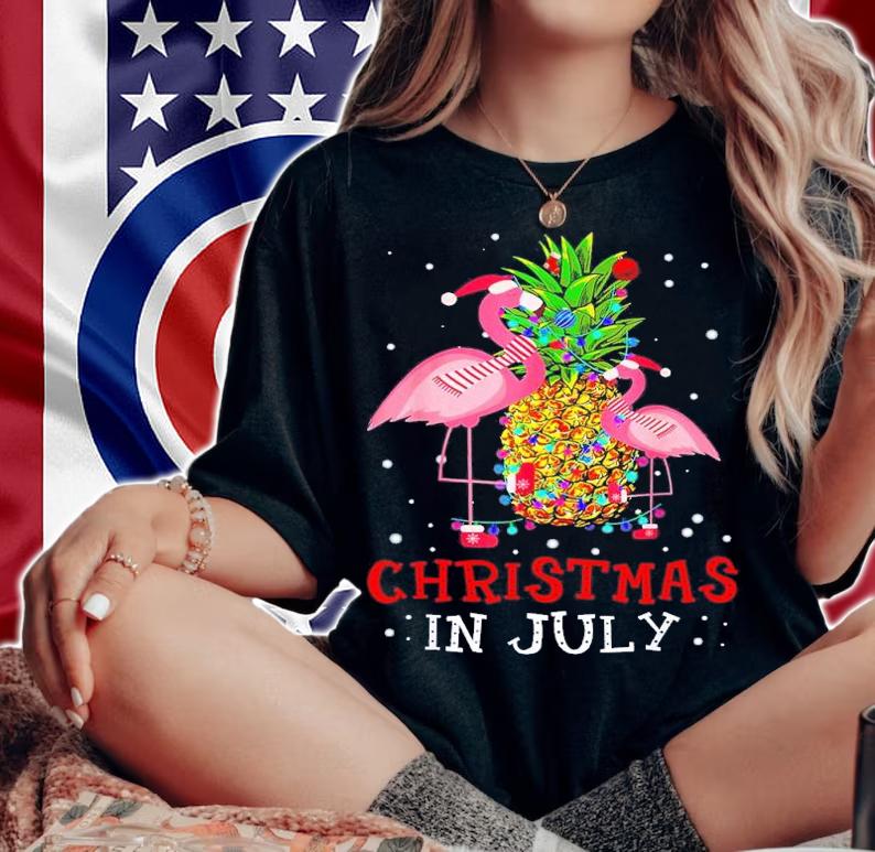 Christmas In July Shirt Funny Flamingo Pineapple Summer T-shirt t-shirt