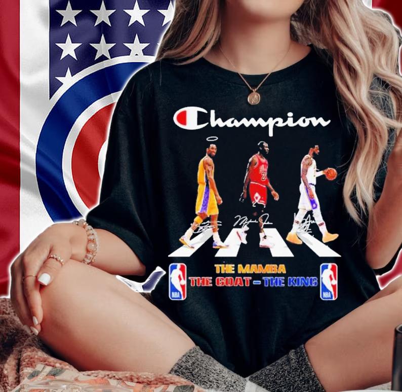 Champion The Mamba Kobe Bryant The Goat Jordan And The King Lebron James Abbey Road Signatures Shirt t-shirt