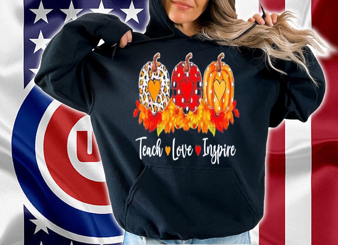 Teach love inspire teacher autumn fall leopard plaid pumpkin shirt t-shirt