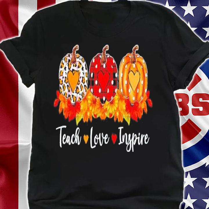 Teach love inspire teacher autumn fall leopard plaid pumpkin shirt t-shirt