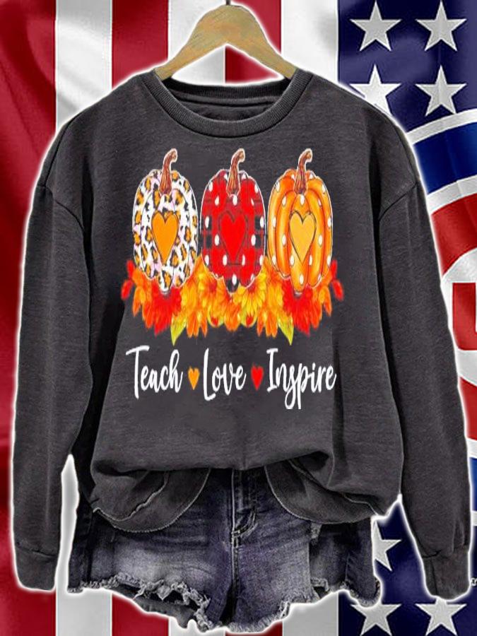 Teach love inspire teacher autumn fall leopard plaid pumpkin shirt t-shirt