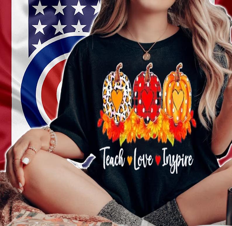 Teach love inspire teacher autumn fall leopard plaid pumpkin shirt t-shirt