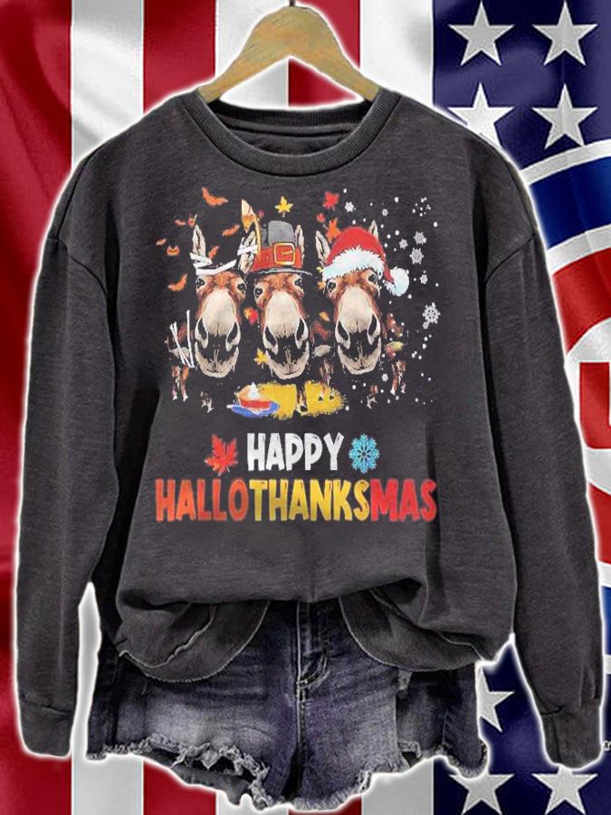 Donkey Happy Hallothanksmas Halloween Thanksgiving Christmas Premium Shirt t-shirt