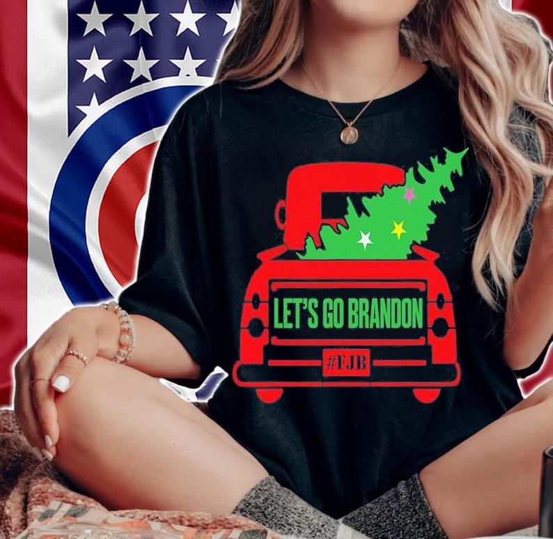 Red Truck With Xmas Tree Funny Let's Go Brandon Christmas T-Shirt