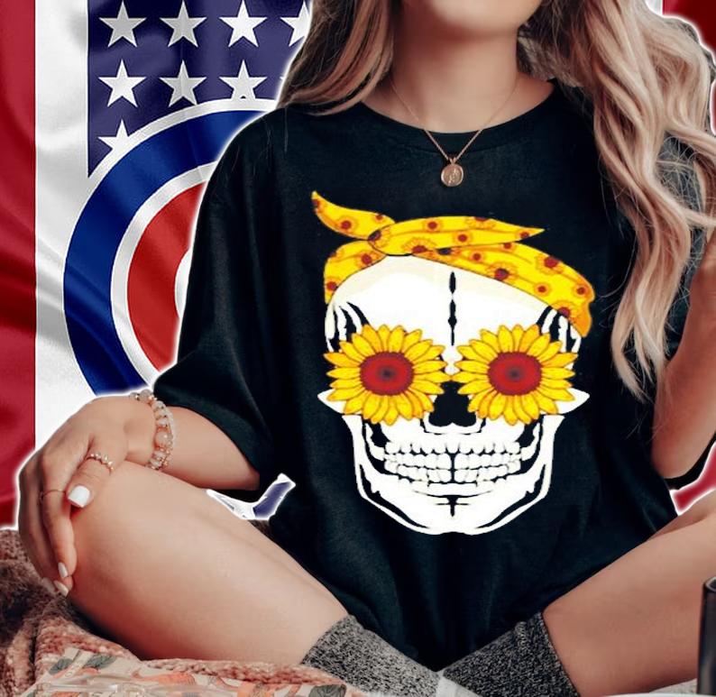 Funny Sunflower Skull Gift For Women Cool Skeleton Bandana T-Shirt woman shirt