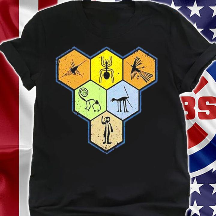 Nazca Lines  Retro Spider Monkey Spaceman Bird Hexagon T-Shirt shirt