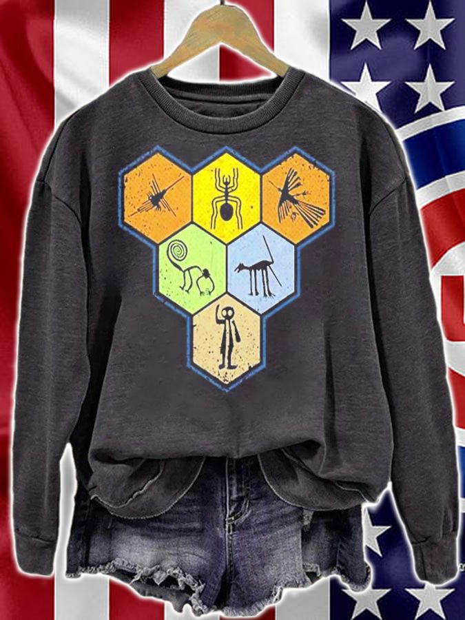 Nazca Lines  Retro Spider Monkey Spaceman Bird Hexagon T-Shirt sweatshirt