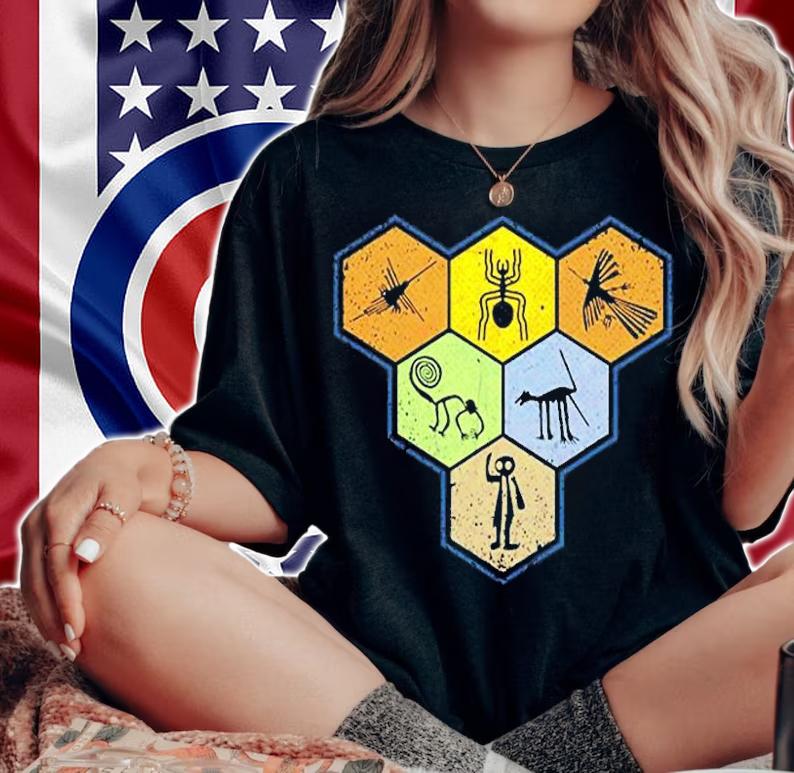 Nazca Lines  Retro Spider Monkey Spaceman Bird Hexagon T-Shirt woman shirt
