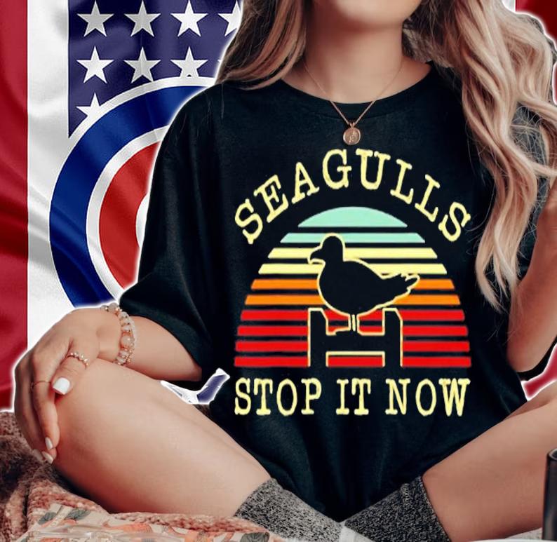Seagulls Stop It Now Flying Bird Grey And White Gulls Mews T-Shirt woman shirt