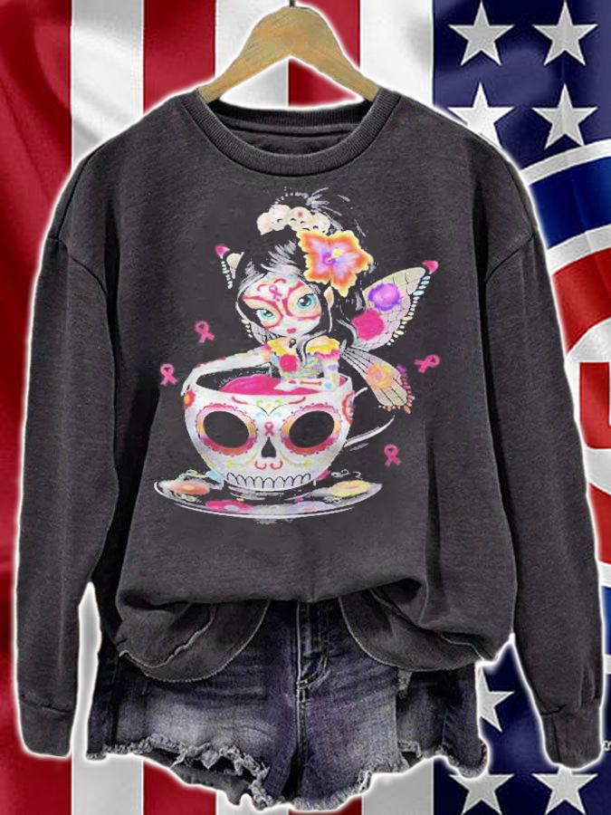 Cute Breast Cancer Girl Sugar Skull Costume Halloween Classic T-shirt sweatshirt