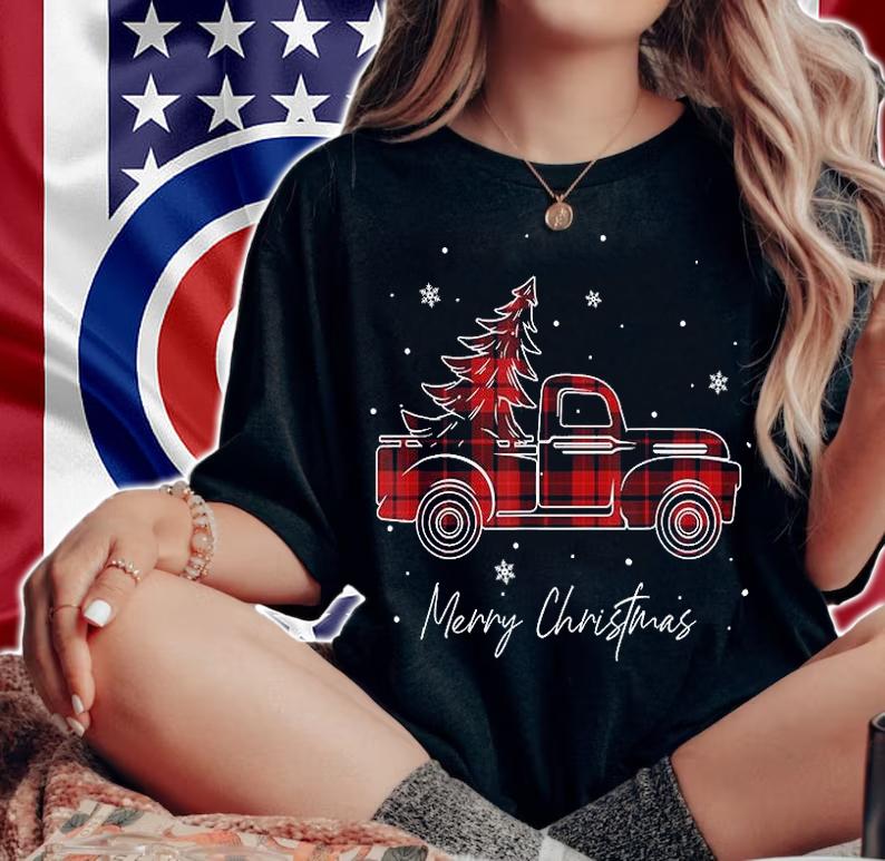 Merry Christmas Buffalo Truck Tree Red Plaid T-Shirt woman shirt