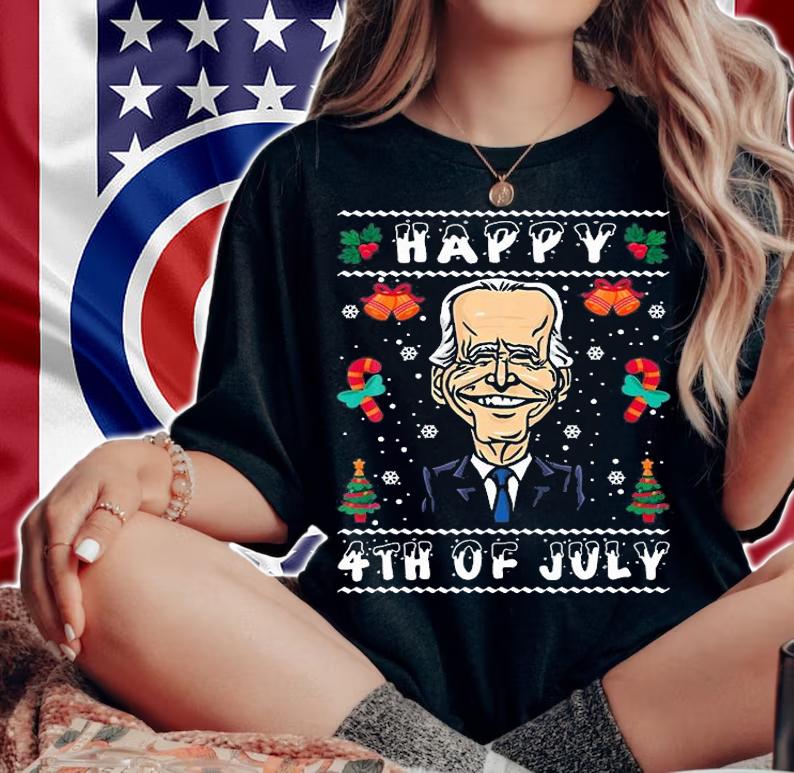 Funny Santa Biden Happy 4Th Of July Ugly Christmas T-Shirt woman shirt