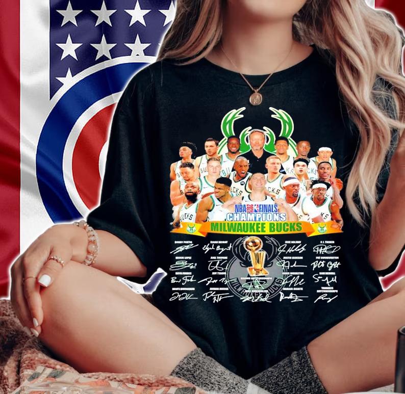 Official Bucks 2021 NBA Champions all team signatures shirt