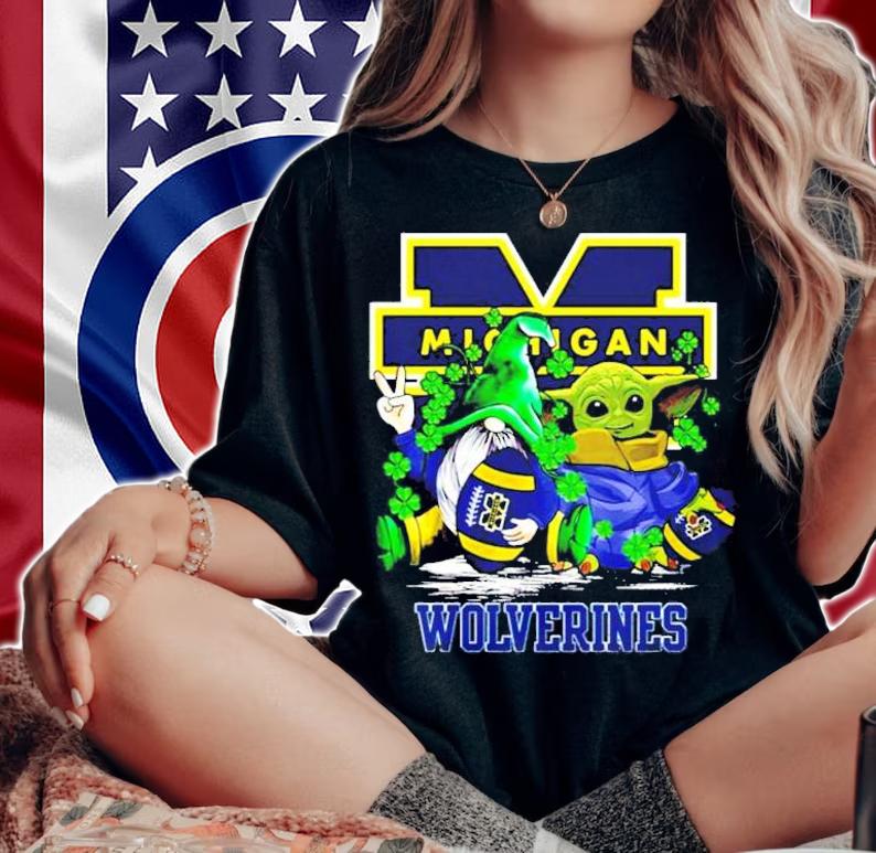 St.Patrick's day Gnome and Baby Yoda Michigan Wolverines shirt woman shirt