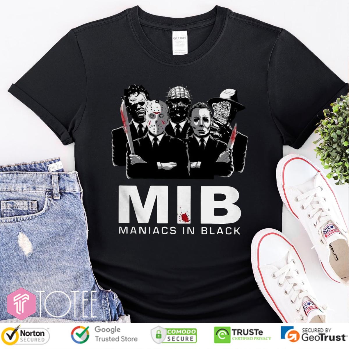 Maniacs In Black Jason Michael Freddy Leatherface Pinhead Parody MIB Shirt